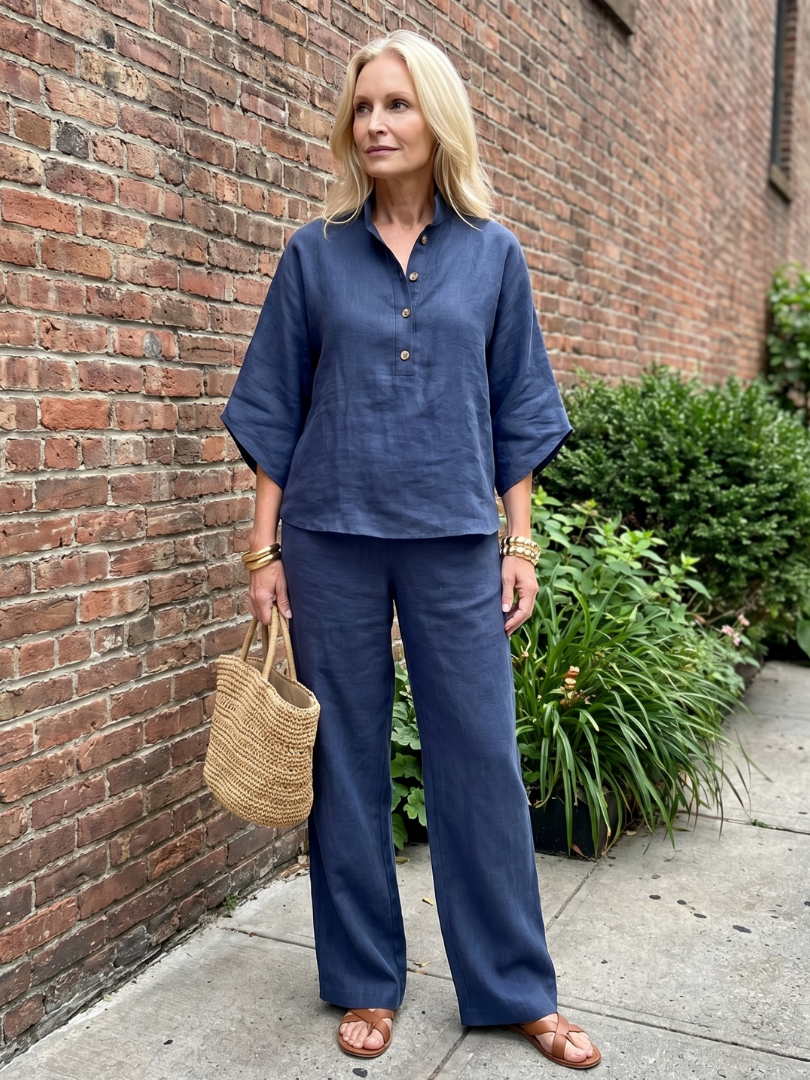 Sky-blue Amity relaxed tunic and trouser set by THE WHITMORE FAMILY, featuring button-front design and comfortable fit.