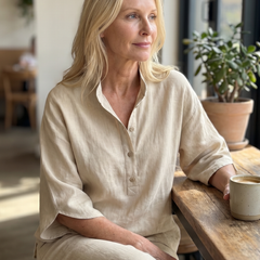 Sky-blue Amity relaxed tunic and trouser set by THE WHITMORE FAMILY, featuring a button-front design and comfortable fit.