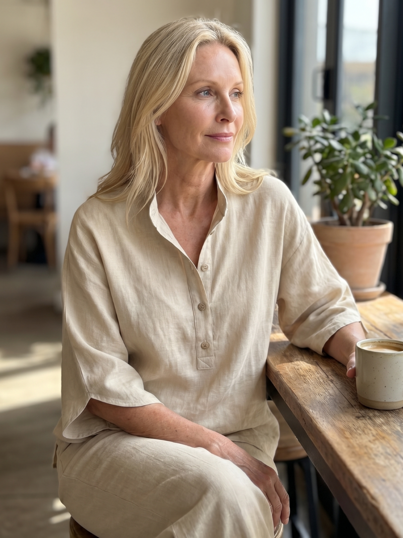 Sky-blue Amity relaxed tunic and trouser set by THE WHITMORE FAMILY, featuring a button-front design and comfortable fit.