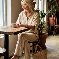 Sky blue Amity button-front relaxed tunic and trouser set by THE WHITMORE FAMILY, casual and comfortable women's outfit.