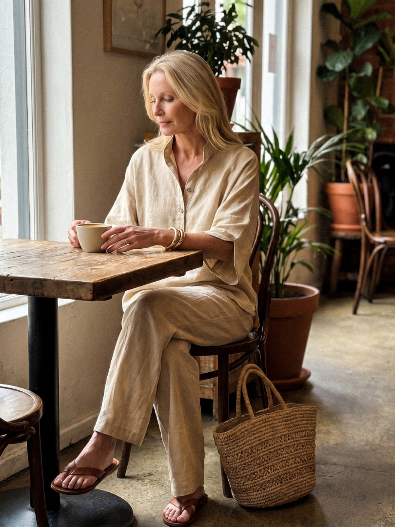Sky blue Amity button-front relaxed tunic and trouser set by THE WHITMORE FAMILY, casual and comfortable women's outfit.