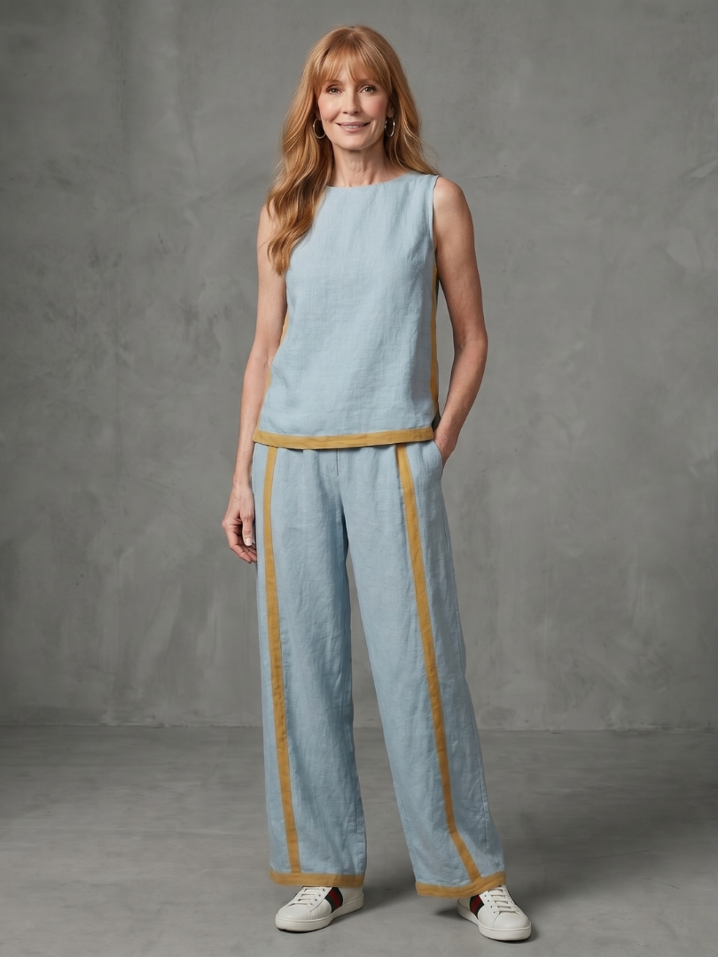 Sky-blue sleeveless top and wide-leg contrast pants set by THE WHITMORE FAMILY, stylish and comfortable fashion ensemble.
