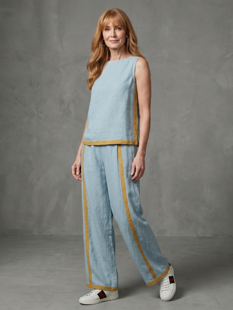 Sky blue sleeveless top and wide-leg contrast pants set by THE WHITMORE FAMILY, stylish and comfortable women's outfit.