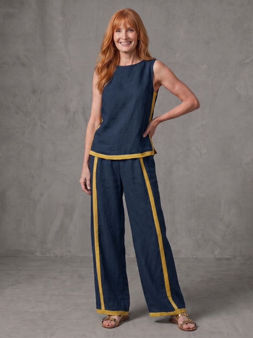 Sky blue sleeveless top and wide-leg contrast pants set by THE WHITMORE FAMILY, casual stylish outfit for women.