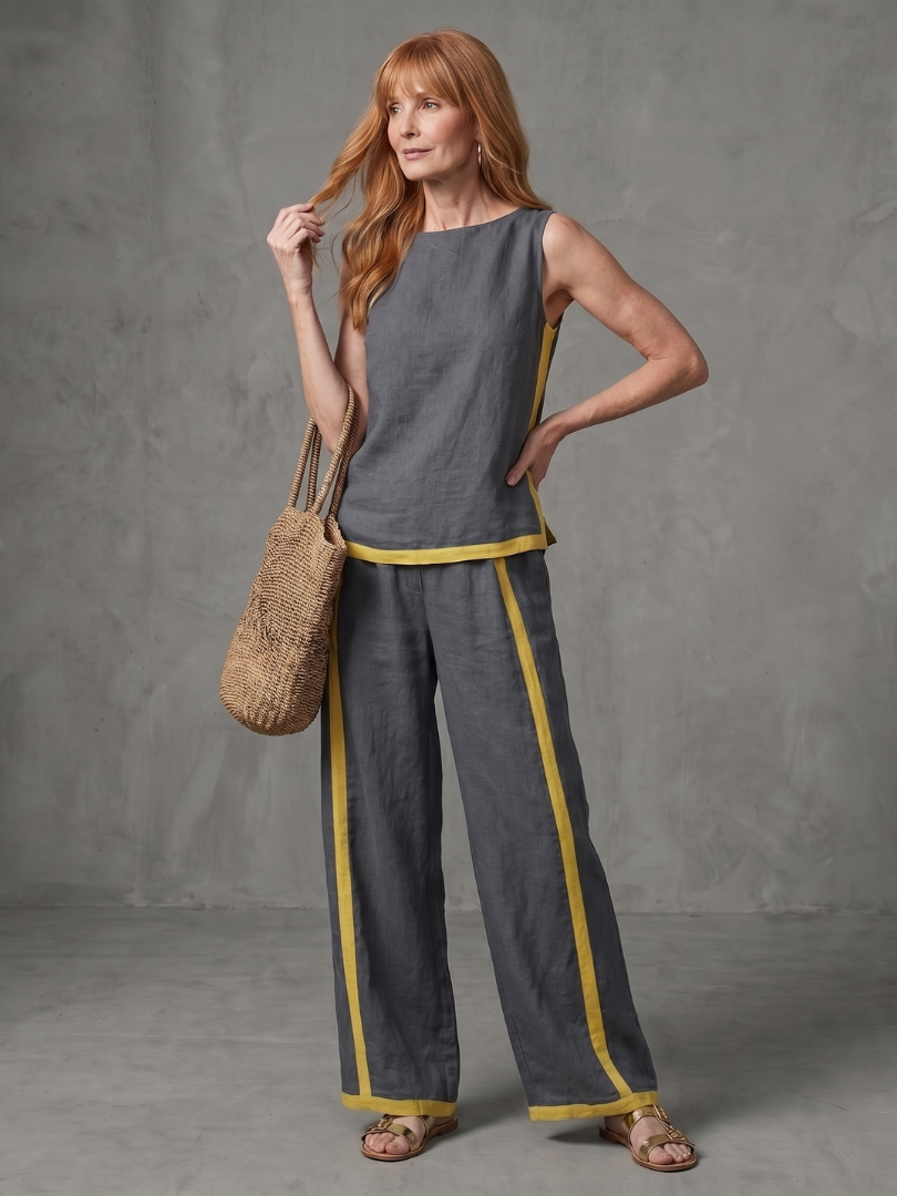 Sky blue sleeveless top and wide-leg contrast pants set by THE WHITMORE FAMILY, stylish and comfortable casual outfit.