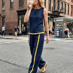 Sky-blue Inara sleeveless top and wide-leg contrast pants set by THE WHITMORE FAMILY, casual stylish outfit for women.
