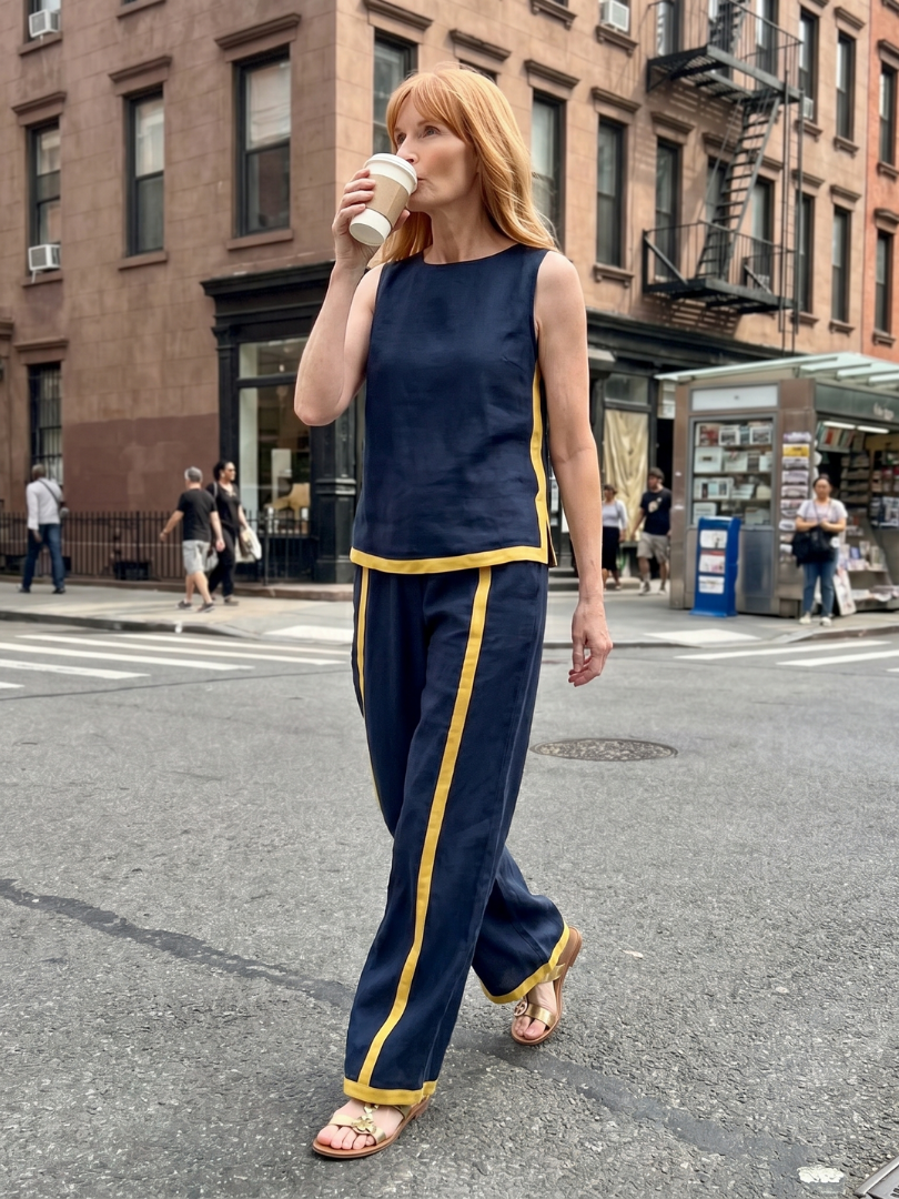 Sky-blue Inara sleeveless top and wide-leg contrast pants set by THE WHITMORE FAMILY, casual stylish outfit for women.