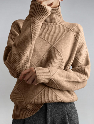 Lauren™ Luxe Turtleneck Sweater by THE WHITMORE FAMILY, soft knit fabric, close-up of the cozy, stylish turtleneck design.