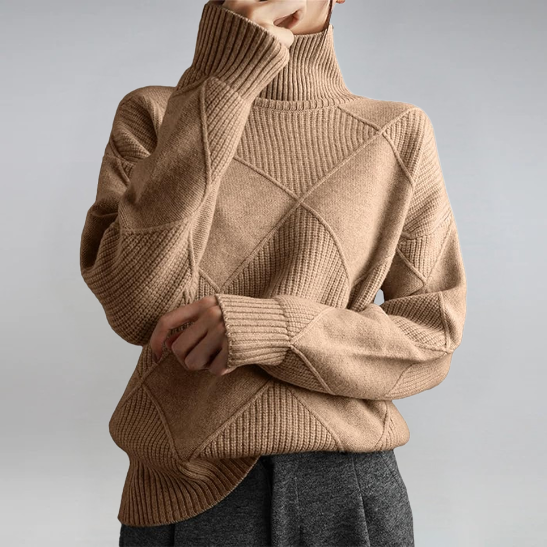 Lauren™ Luxe Turtleneck Sweater by THE WHITMORE FAMILY, soft knit fabric, close-up of the cozy, stylish turtleneck design.