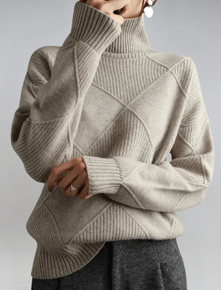 Lauren™ Luxe Turtleneck Sweater by THE WHITMORE FAMILY, close-up of soft knit fabric and stylish turtleneck design.