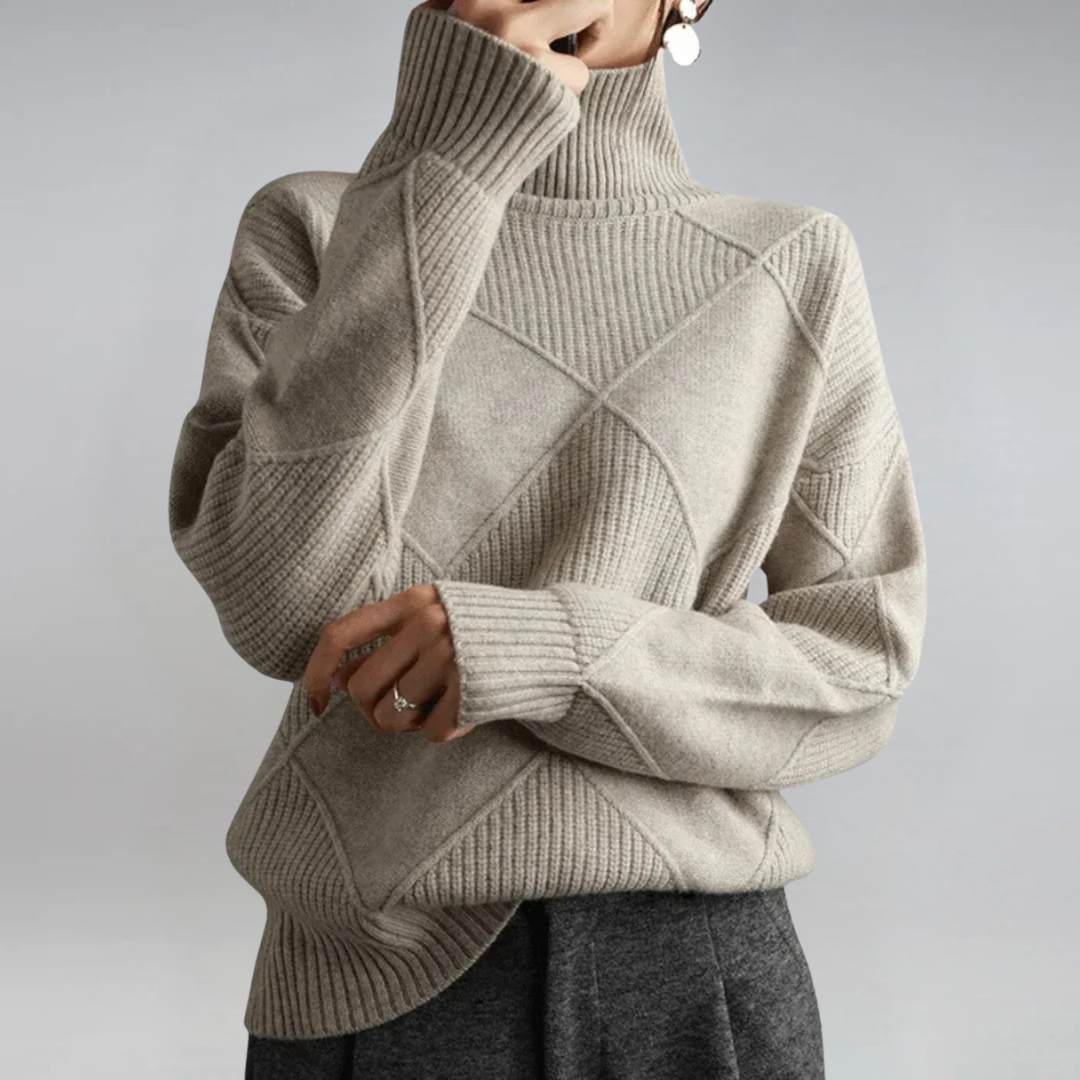 Lauren™ Luxe Turtleneck Sweater by THE WHITMORE FAMILY, close-up of soft knit fabric and stylish turtleneck design.