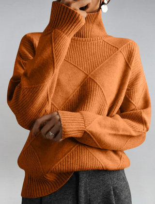 Lauren™ Luxe Turtleneck Sweater by THE WHITMORE FAMILY, showcasing a cozy, fitted knit sweater in a neutral color.