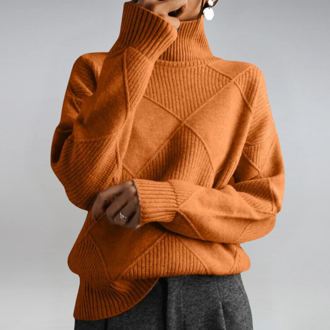 Lauren™ Luxe Turtleneck Sweater by THE WHITMORE FAMILY, showcasing a cozy, fitted knit sweater in a neutral color.