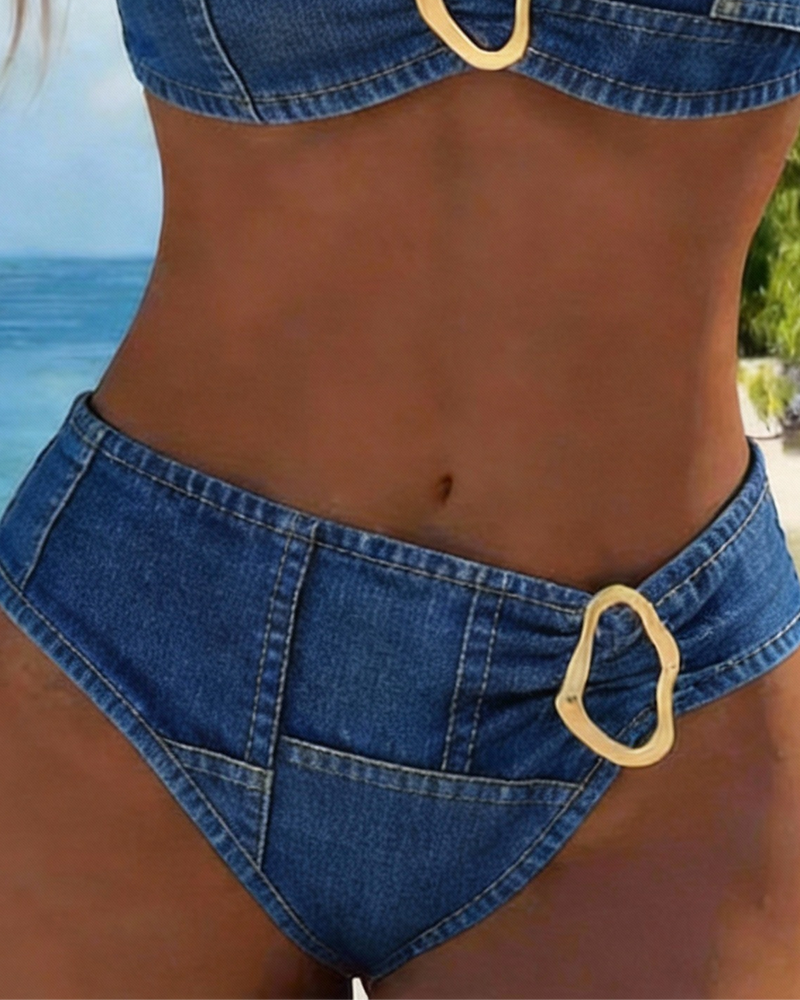 Blue Patricia™ metal buckle suspender bikini two-piece swimsuit by THE WHITMORE FAMILY, featuring adjustable suspender straps and a stylish fit.