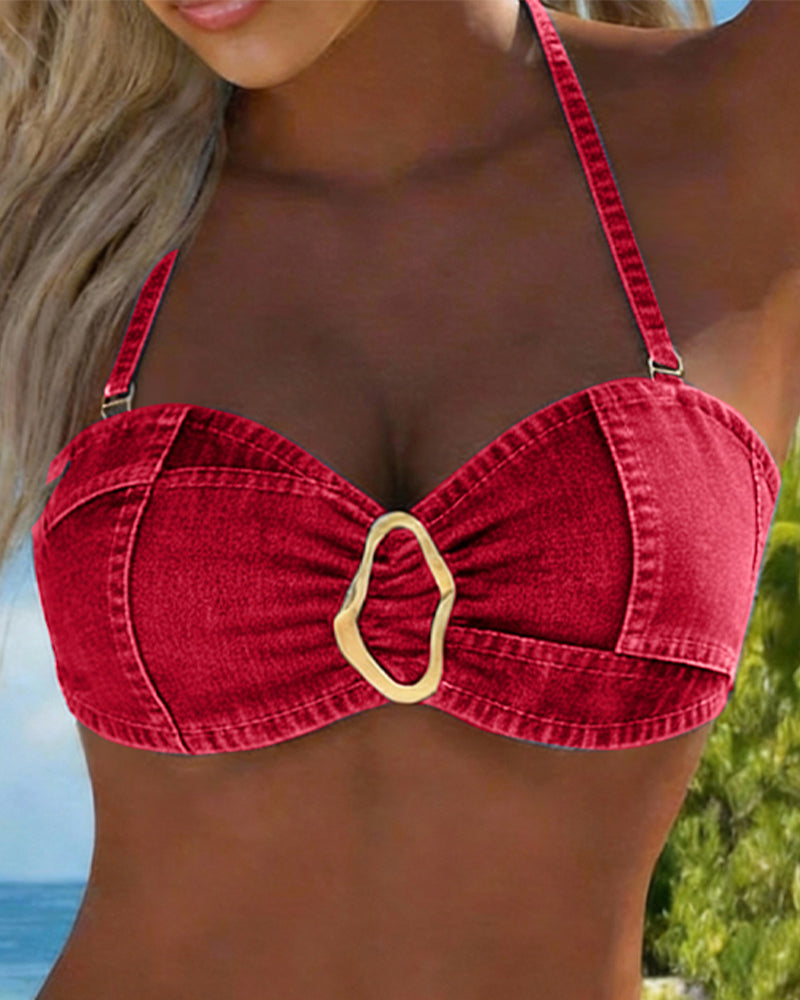 Blue Patricia™ metal buckle suspender bikini two-piece swimsuit by THE WHITMORE FAMILY, featuring stylish suspenders and a secure fit.