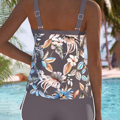 Gray Imke™ U-Neck Sleeveless Printed Tankini swimsuit by THE WHITMORE FAMILY, featuring a stylish U-neck design and vibrant print.