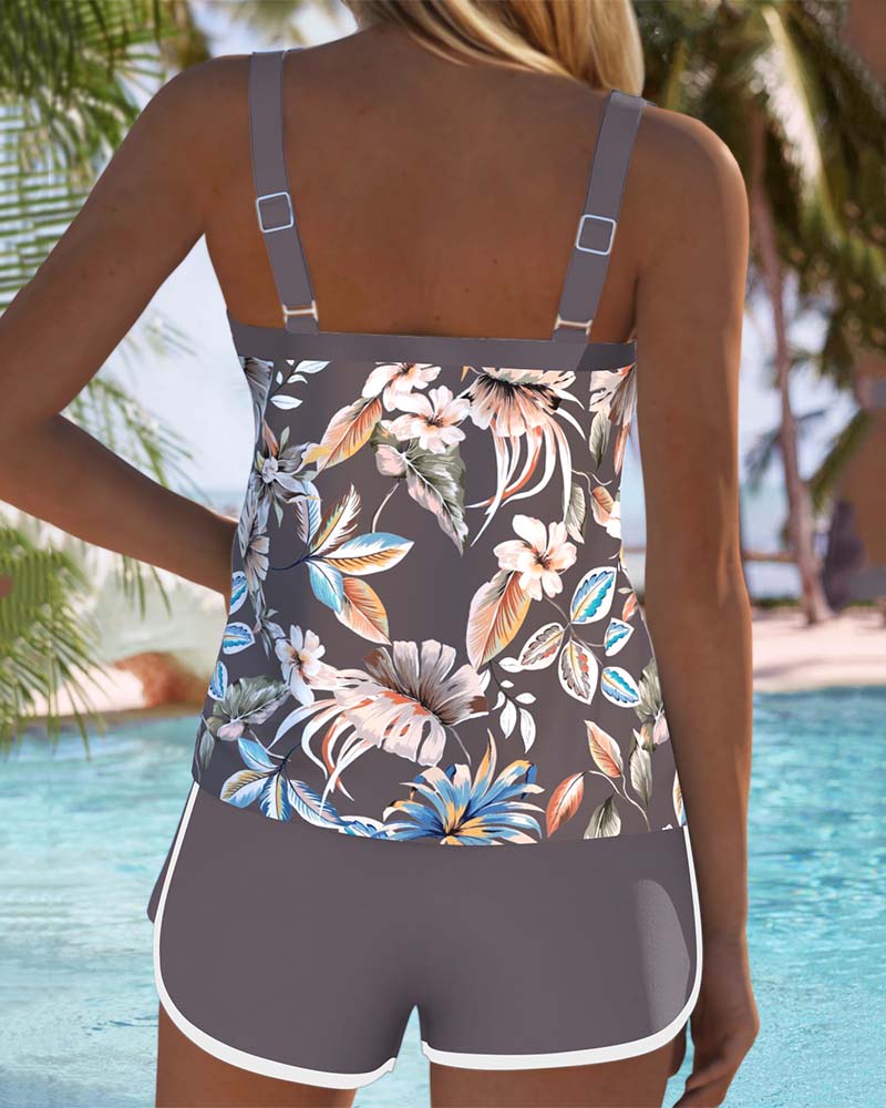 Gray Imke™ U-Neck Sleeveless Printed Tankini swimsuit by THE WHITMORE FAMILY, featuring a stylish U-neck design and vibrant print.
