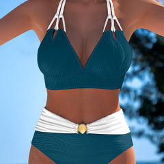 Lily™ high-waisted double strap swimsuit by THE WHITMORE FAMILY with contrast color, white and stylish design, on a model.