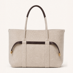 Espresso Colette Wool Tote bag by THE WHITMORE FAMILY with sturdy handles and woven wool texture, front view.