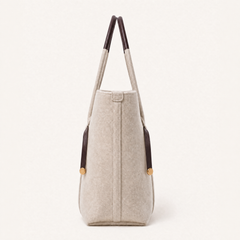 Espresso Colette Wool Tote bag from THE WHITMORE FAMILY featuring a side view with structured handles and soft wool material.