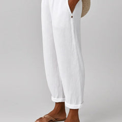 Romina™ Timeless Linen-Cotton Trouser from THE WHITMORE FAMILY, showcasing beige trousers with a relaxed fit and classic waistband.
