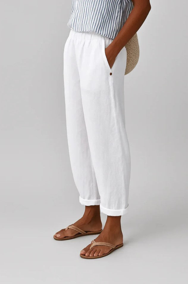 Romina™ Timeless Linen-Cotton Trouser from THE WHITMORE FAMILY, showcasing beige trousers with a relaxed fit and classic waistband.