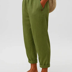 Romina™ Timeless linen-cotton trousers by THE WHITMORE FAMILY, featuring a relaxed fit and classic design, shown in the image.
