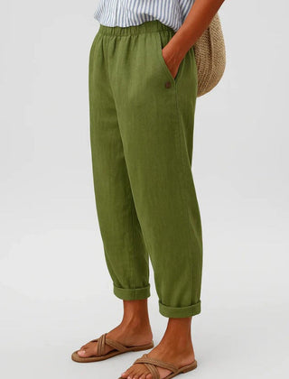 Romina™ Timeless linen-cotton trousers by THE WHITMORE FAMILY, featuring a relaxed fit and classic design, shown in the image.