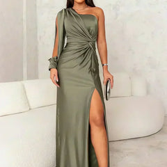 Turquoise Riley one-shoulder evening maxi dress by THE WHITMORE FAMILY, flowing fabric and elegant design for formal occasions