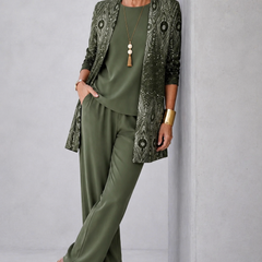 Refined three-piece trouser set by THE WHITMORE FAMILY featuring a tailored blazer, matching trousers, and coordinating top.