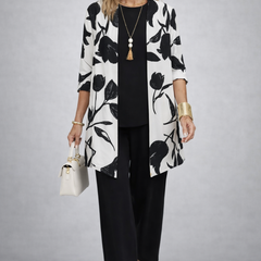 Sylvia refined three-piece trouser set by The Whitmore Family, featuring stylish trousers, blazer, and top in elegant design.