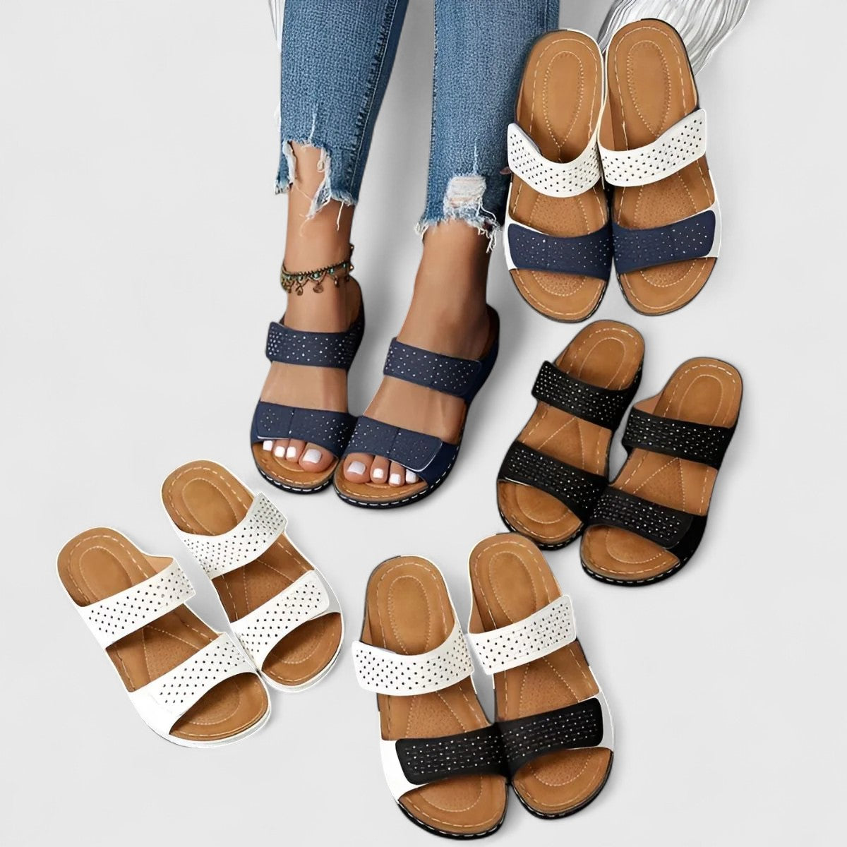 White Karyssa™ orthopedic sandals by THE WHITMORE FAMILY with cushioned straps and supportive soles, ideal for comfort and everyday wear.