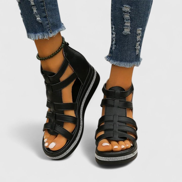 White Kendall™ Orthopedic Strass Sandals with decorative straps, designed for comfort and style by THE WHITMORE FAMILY.