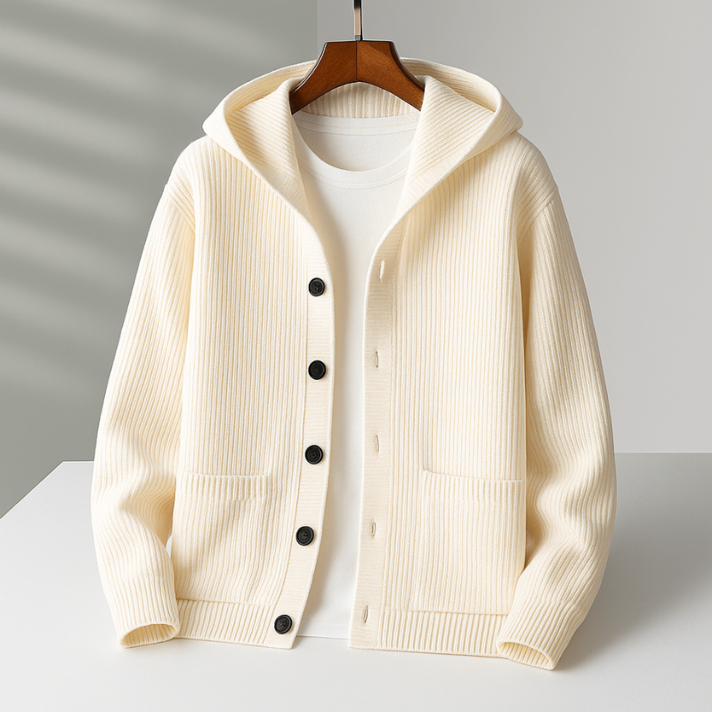 White Ramsay™ Modern Cardigan by THE WHITMORE FAMILY displayed on a hanger, showcasing its sleek, contemporary design and soft fabric.