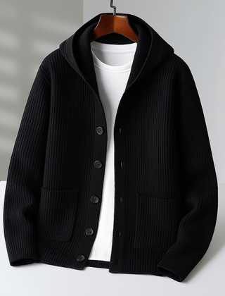 White Ramsay™ Modern Cardigan by THE WHITMORE FAMILY, shown on a model, featuring a stylish, contemporary knit design.