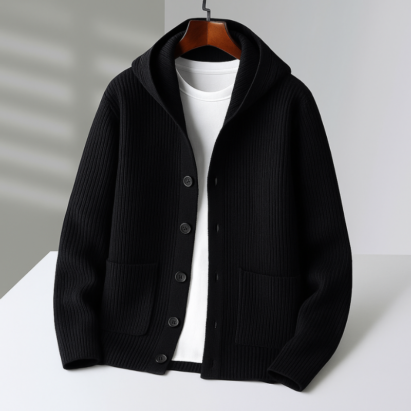 White Ramsay™ Modern Cardigan by THE WHITMORE FAMILY, shown on a model, featuring a stylish, contemporary knit design.