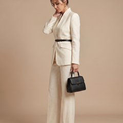 White Delta structured stand collar tailored suit by THE WHITMORE FAMILY, featuring a sleek fit and classic design.