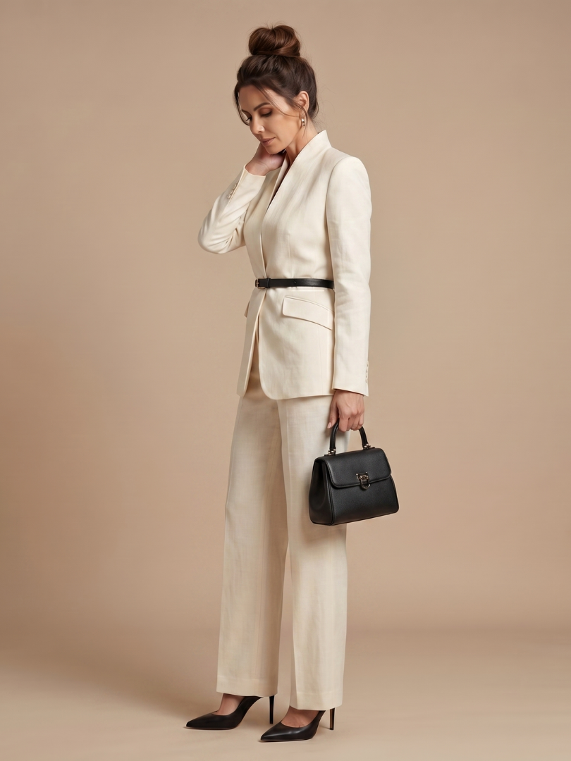 White Delta structured stand collar tailored suit by THE WHITMORE FAMILY, featuring a sleek fit and classic design.