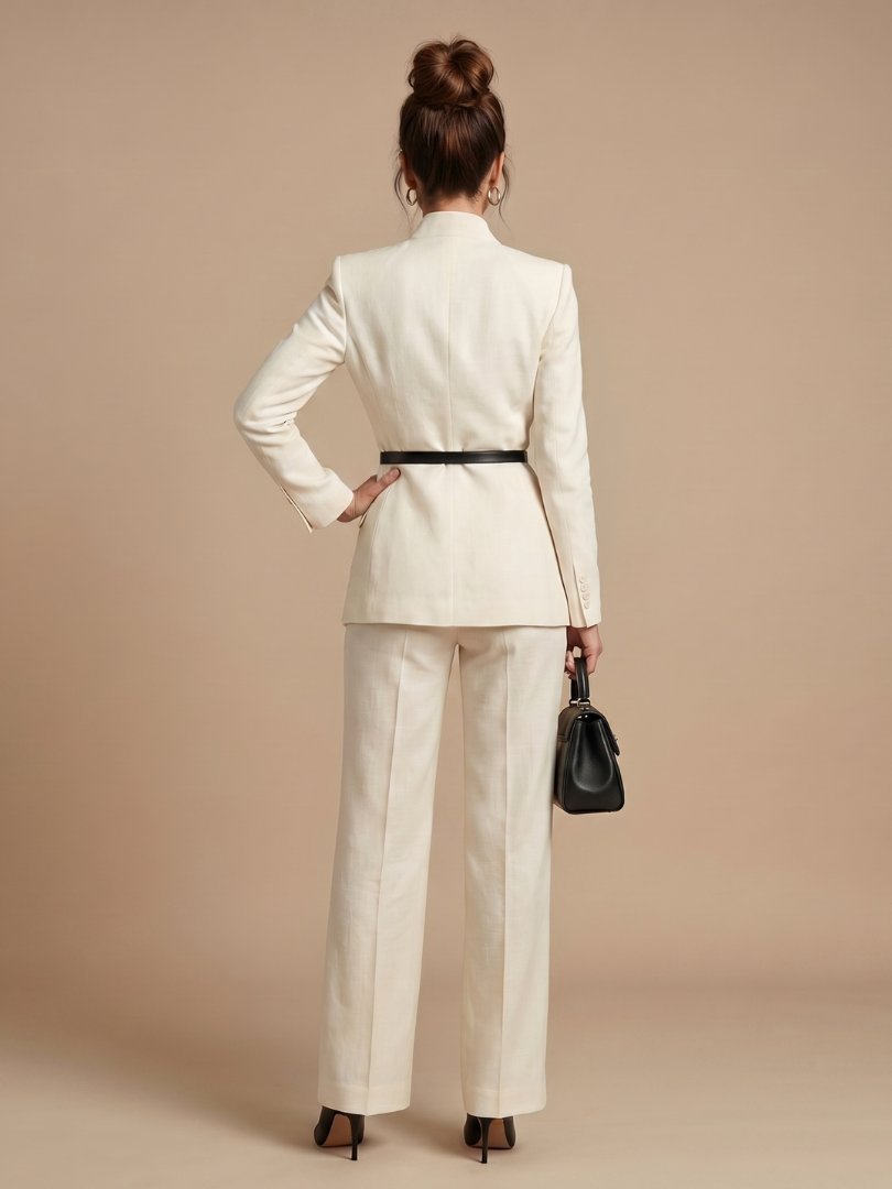White Delta structured stand collar tailored suit by THE WHITMORE FAMILY, featuring a sleek, modern design and tailored fit.