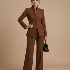 White structured stand collar tailored suit by THE WHITMORE FAMILY, featuring a sleek, fitted design ideal for formal occasions.