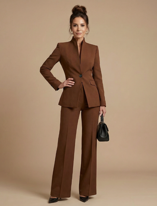 White structured stand collar tailored suit by THE WHITMORE FAMILY, featuring a sleek, fitted design ideal for formal occasions.