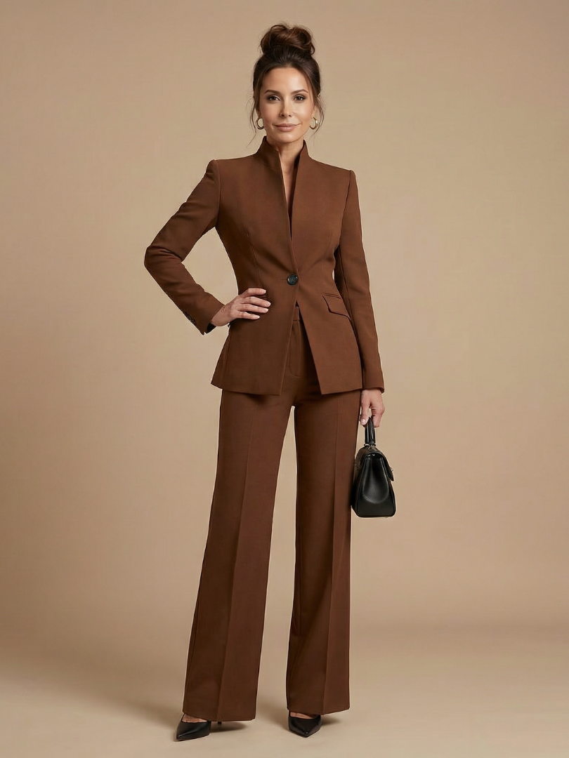 White structured stand collar tailored suit by THE WHITMORE FAMILY, featuring a sleek, fitted design ideal for formal occasions.