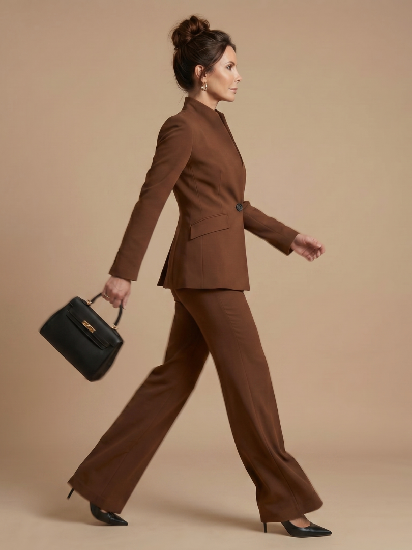White Delta structured stand collar tailored suit by THE WHITMORE FAMILY, featuring a sleek design and precise tailoring.