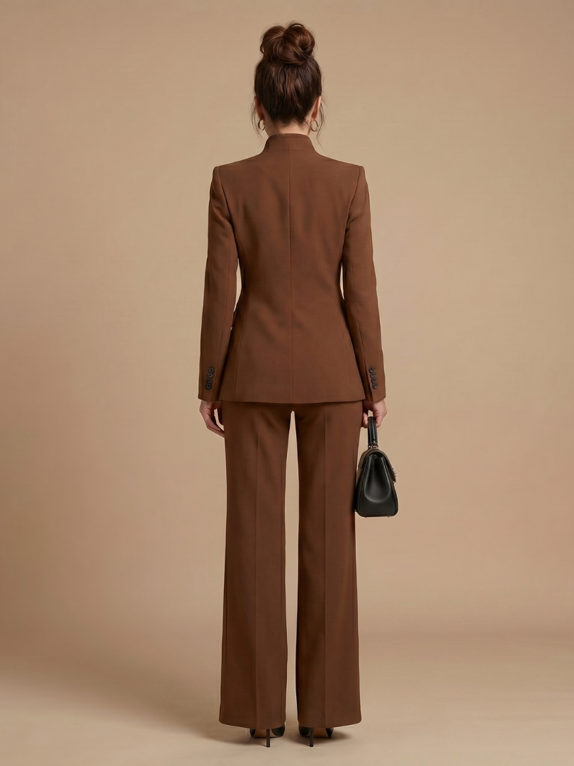 White Delta structured stand collar tailored suit by THE WHITMORE FAMILY, featuring a fitted blazer with a stand collar.