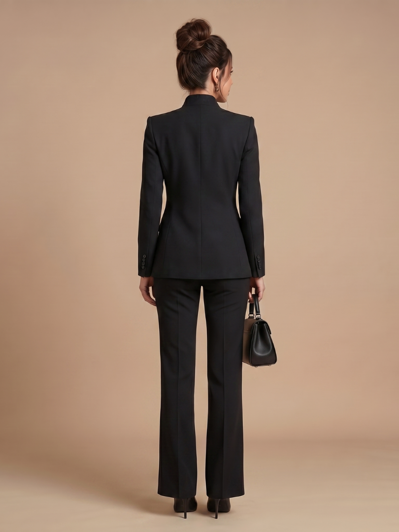 White Delta structured stand collar tailored suit by THE WHITMORE FAMILY, featuring a sleek fit and classic lapel design.