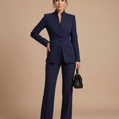 White Delta structured stand collar tailored suit by THE WHITMORE FAMILY, featuring a sleek fit and modern design.