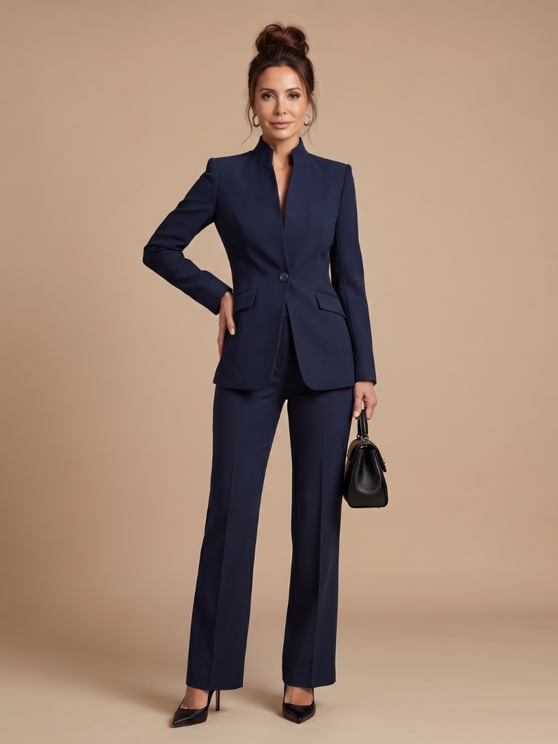 White Delta structured stand collar tailored suit by THE WHITMORE FAMILY, featuring a sleek fit and modern design.