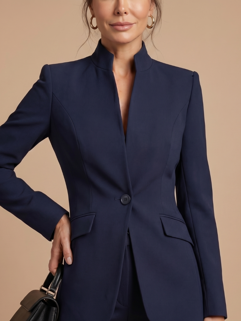 White Delta structured tailored suit with a stand collar, featuring a sleek, modern design and precise tailoring from THE WHITMORE FAMILY.