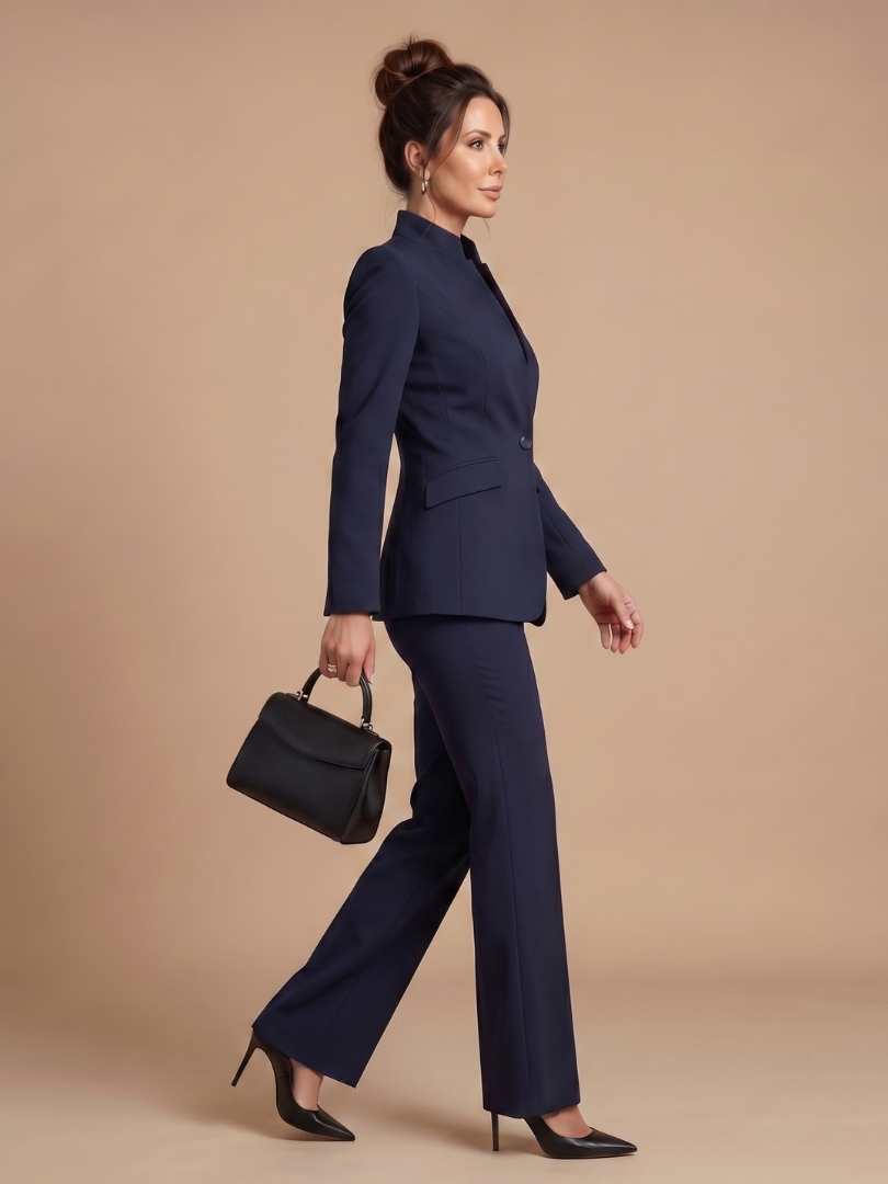 White Delta structured stand collar tailored suit by THE WHITMORE FAMILY, featuring a sleek fit and classic design.