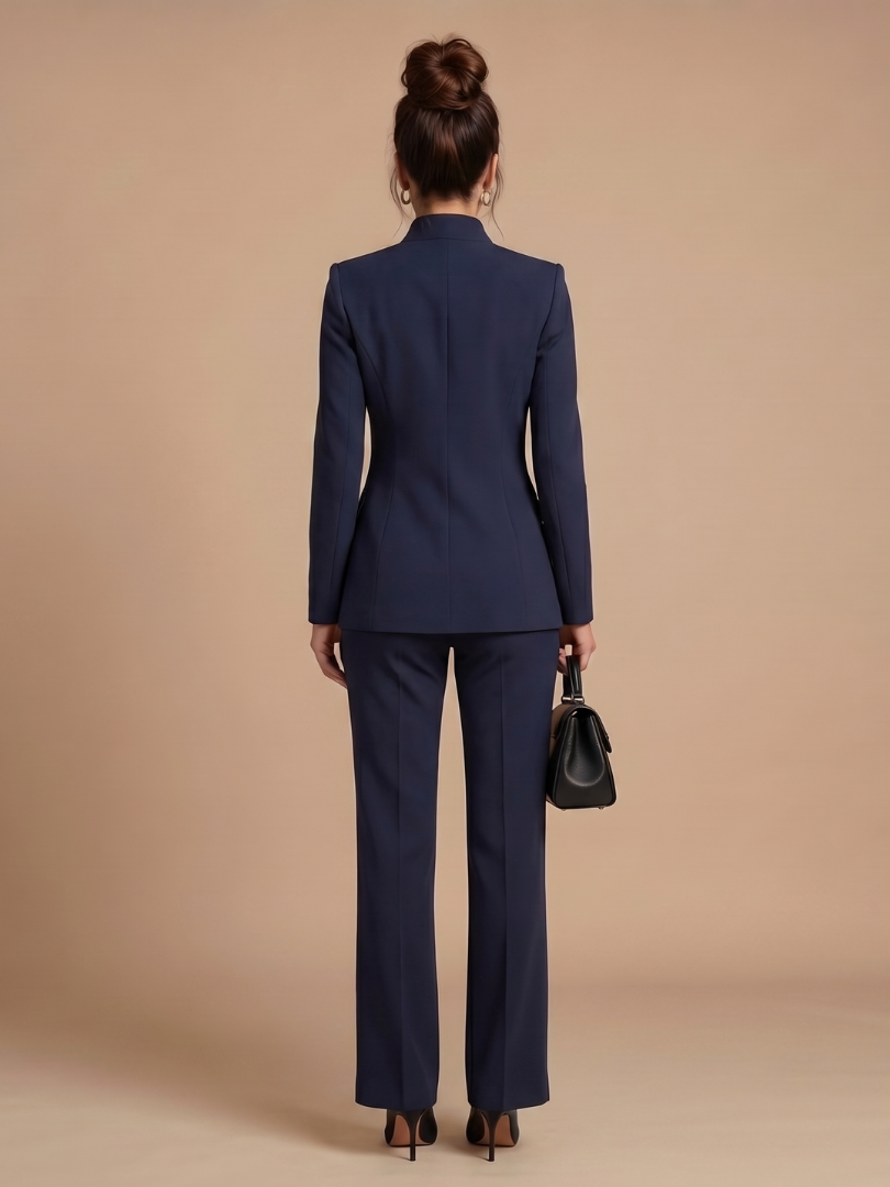 White Delta structured stand collar tailored suit by THE WHITMORE FAMILY, featuring a sleek fit and sharp lapels for formal wear.